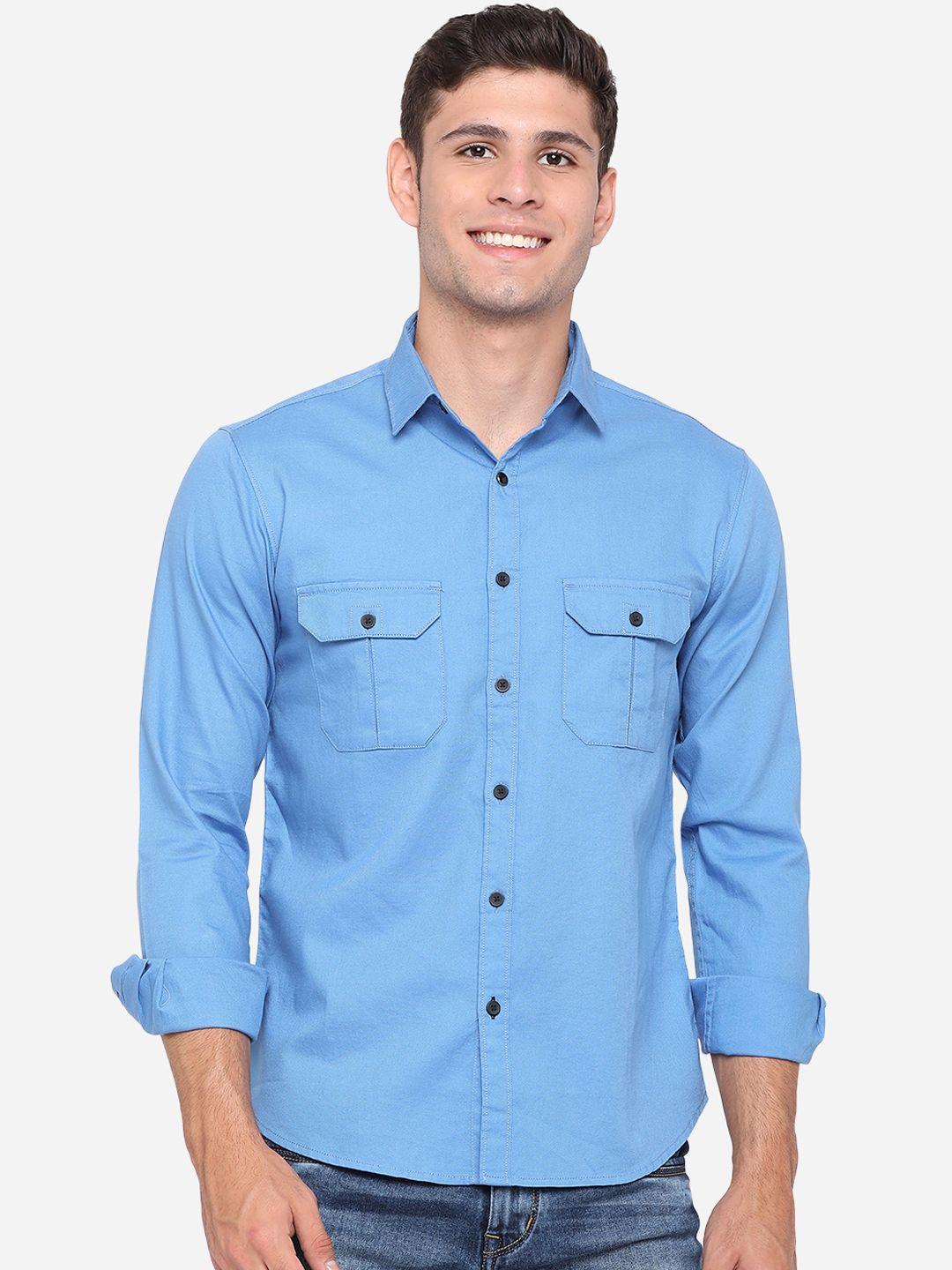 greenfibre men blue slim fit opaque pure cotton casual shirt