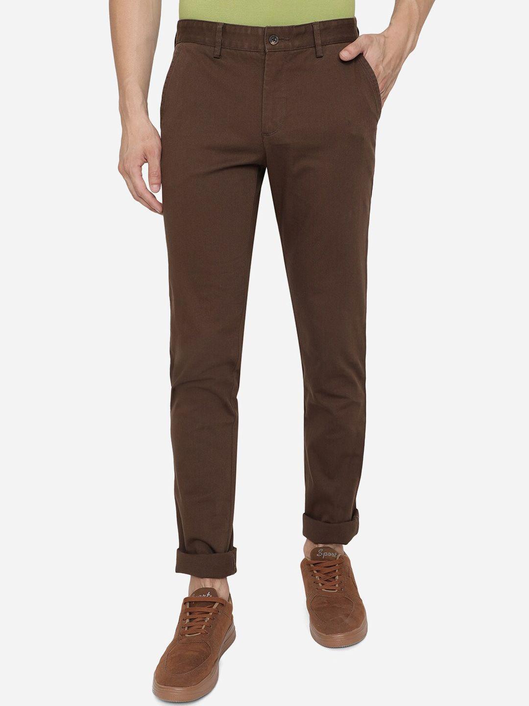greenfibre men brown slim fit wrinkle free pure cotton trousers