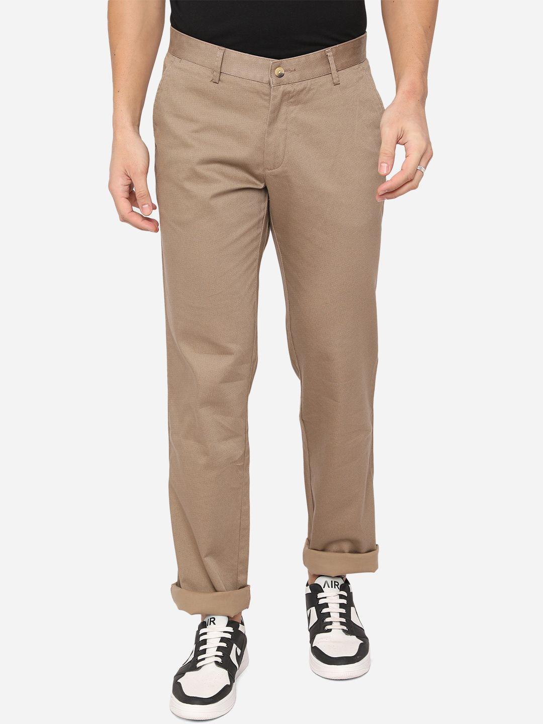 greenfibre men khaki textured slim fit trousers