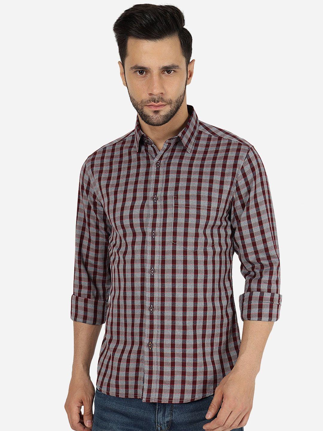 greenfibre men maroon slim fit opaque checked casual shirt