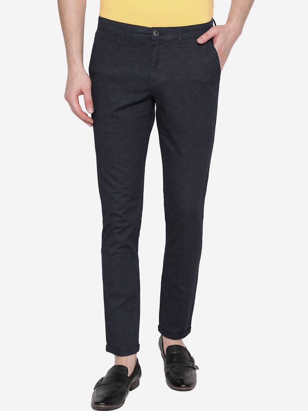 greenfibre men navy blue slim fit trousers