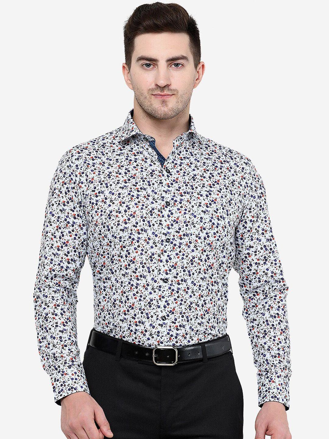 greenfibre men white slim fit floral printed formal cotton  shirt