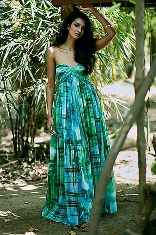 greenish-blue chiffon maxi dress