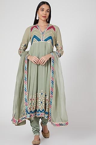 greenish grey embellished anarkali set