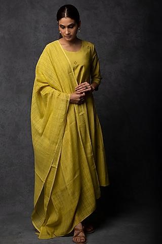 greenish-yellow chanderi thread embroidered a-line kurta set