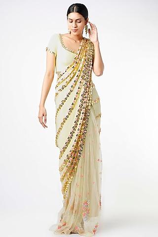 greenish yellow floral motifs embroidered pre-stitched saree set