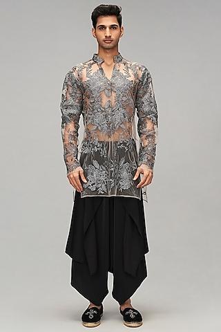 grey & black net thread embroidered kurta set