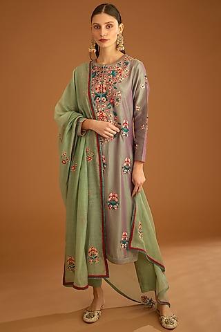 grey & green chanderi embroidered kurta set