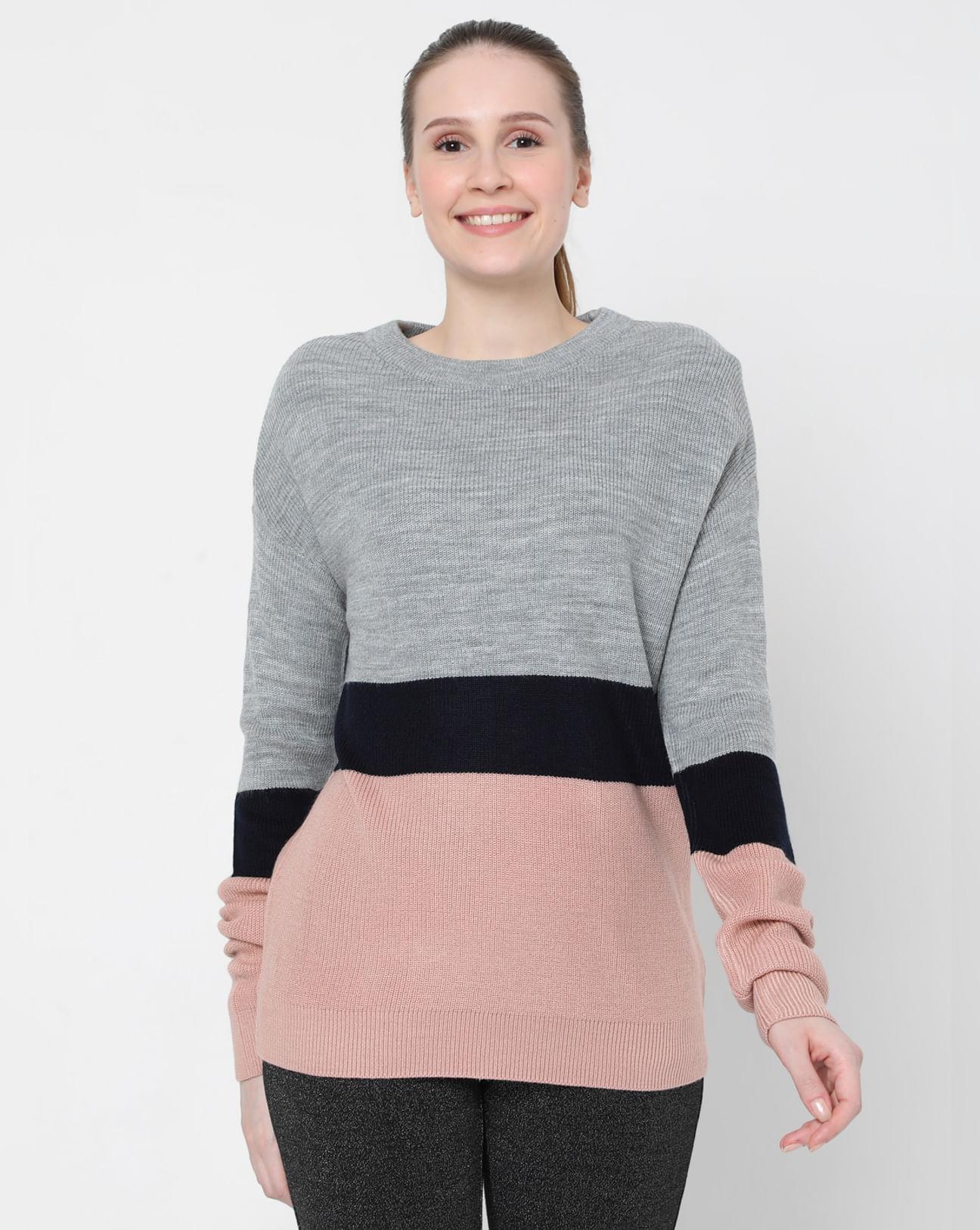 grey & pink colourblocked pullover