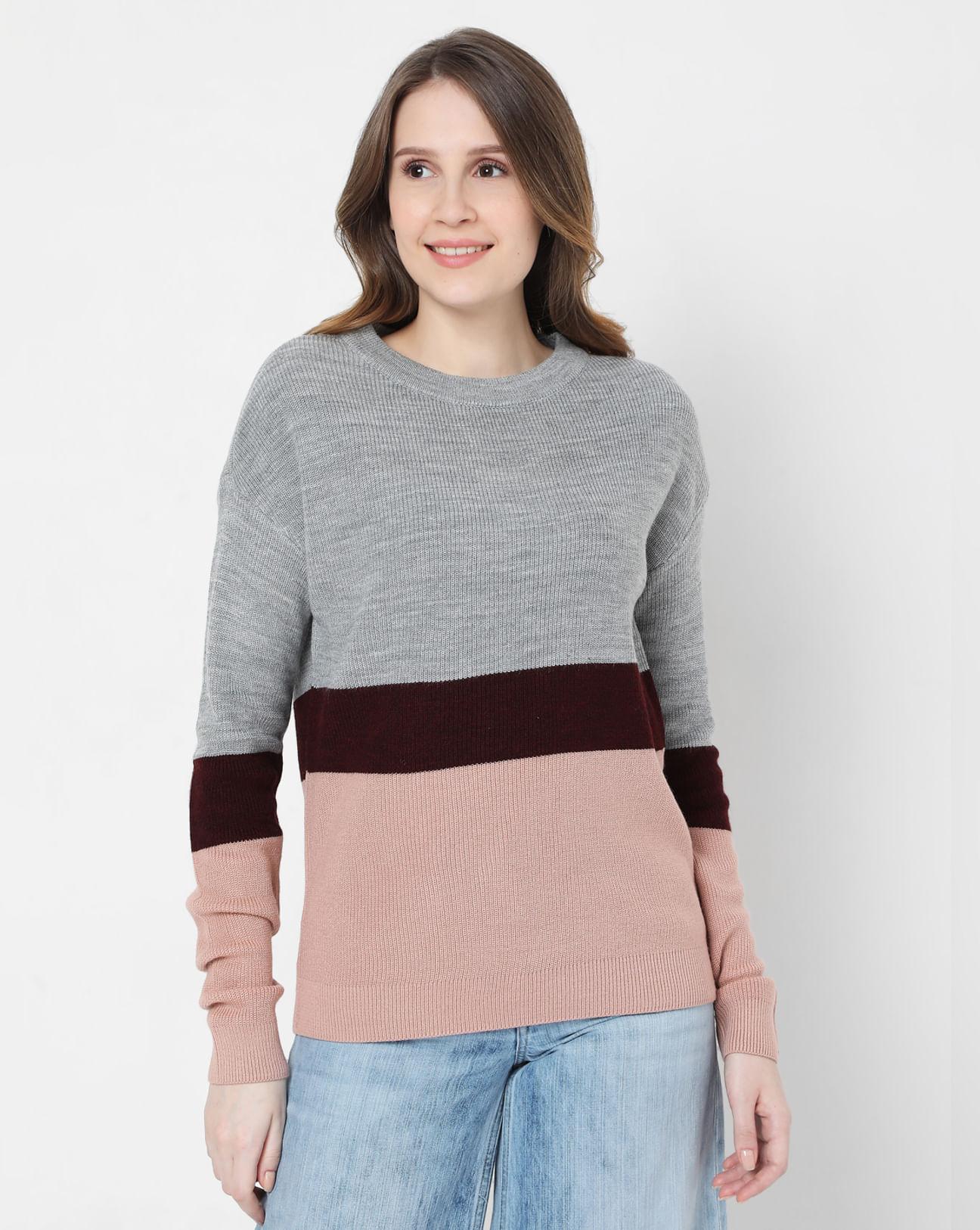 grey & pink colourblocked pullover