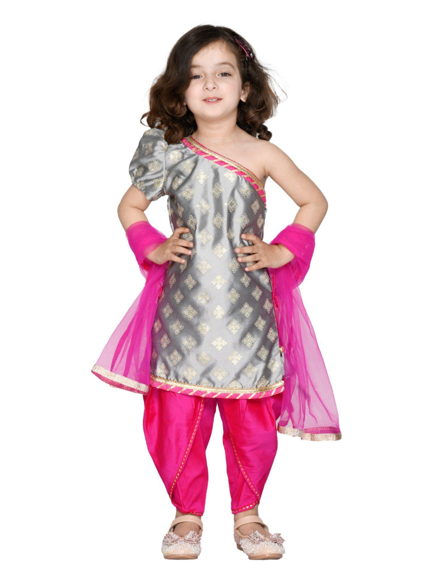 grey and magenta single shoulder dhoti kurta set for girls