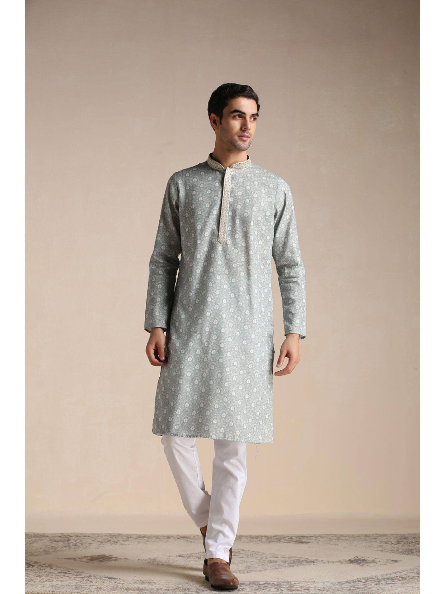 grey blended cotton printed kurta pajama (set of 2)