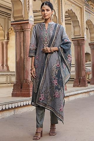 grey chanderi silk floral printed & sequin embellished kurta set
