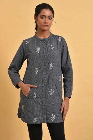 grey checker embroidered western tunic