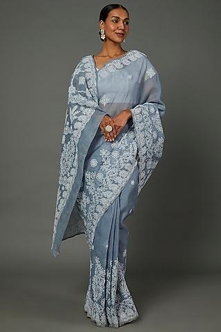 grey cotton chikankari lucknowi saree set
