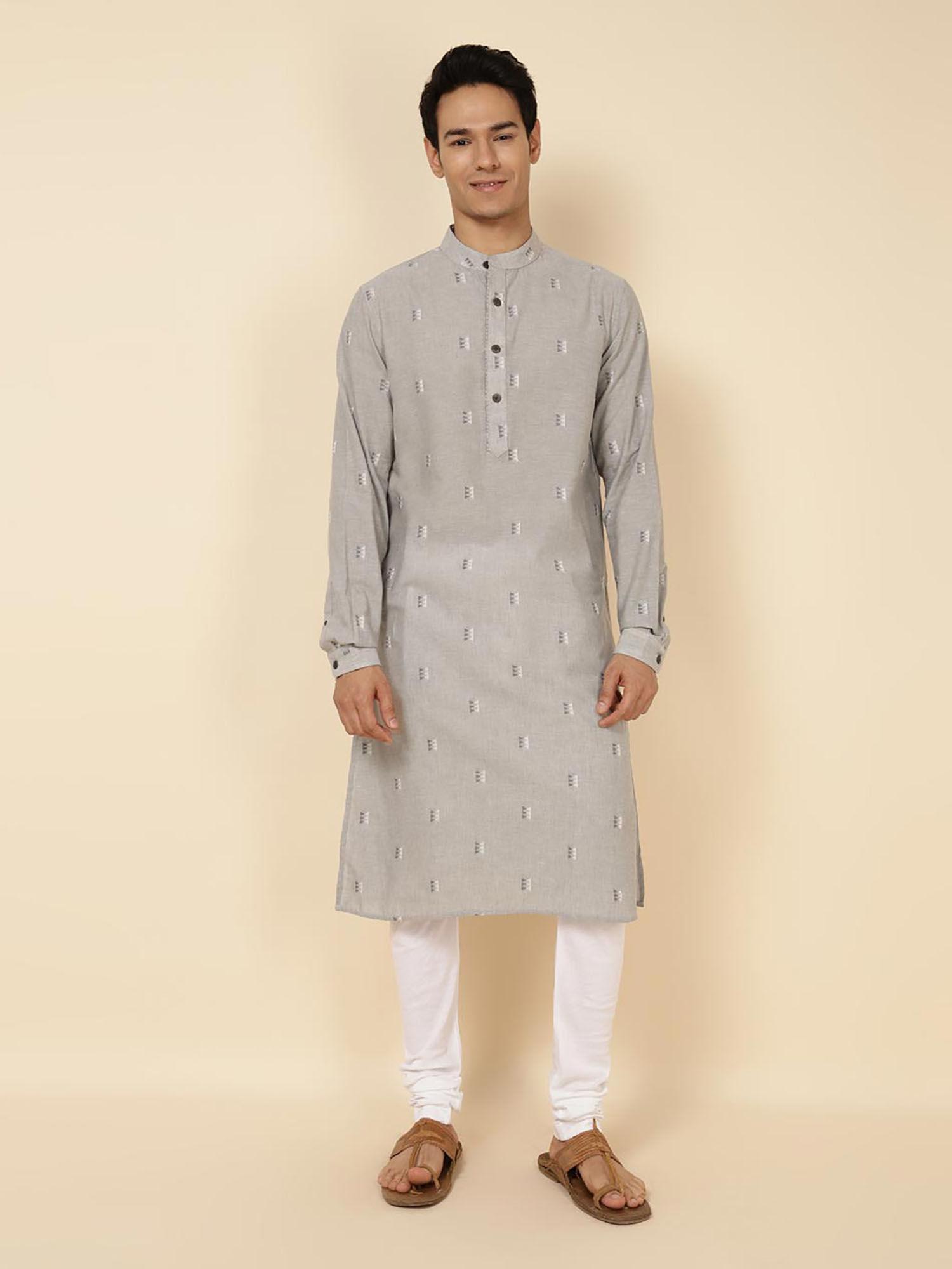 grey cotton dobby slim fit long kurta