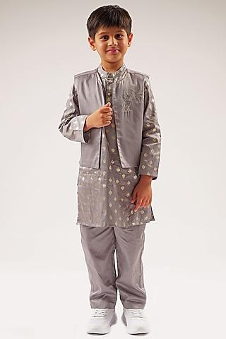 grey cotton foil printed nehru jacket set for boys
