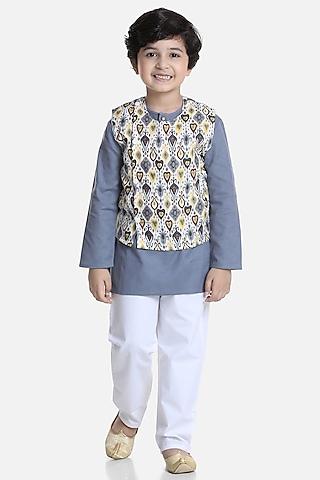 grey cotton kurta set with nehru jacket for boys