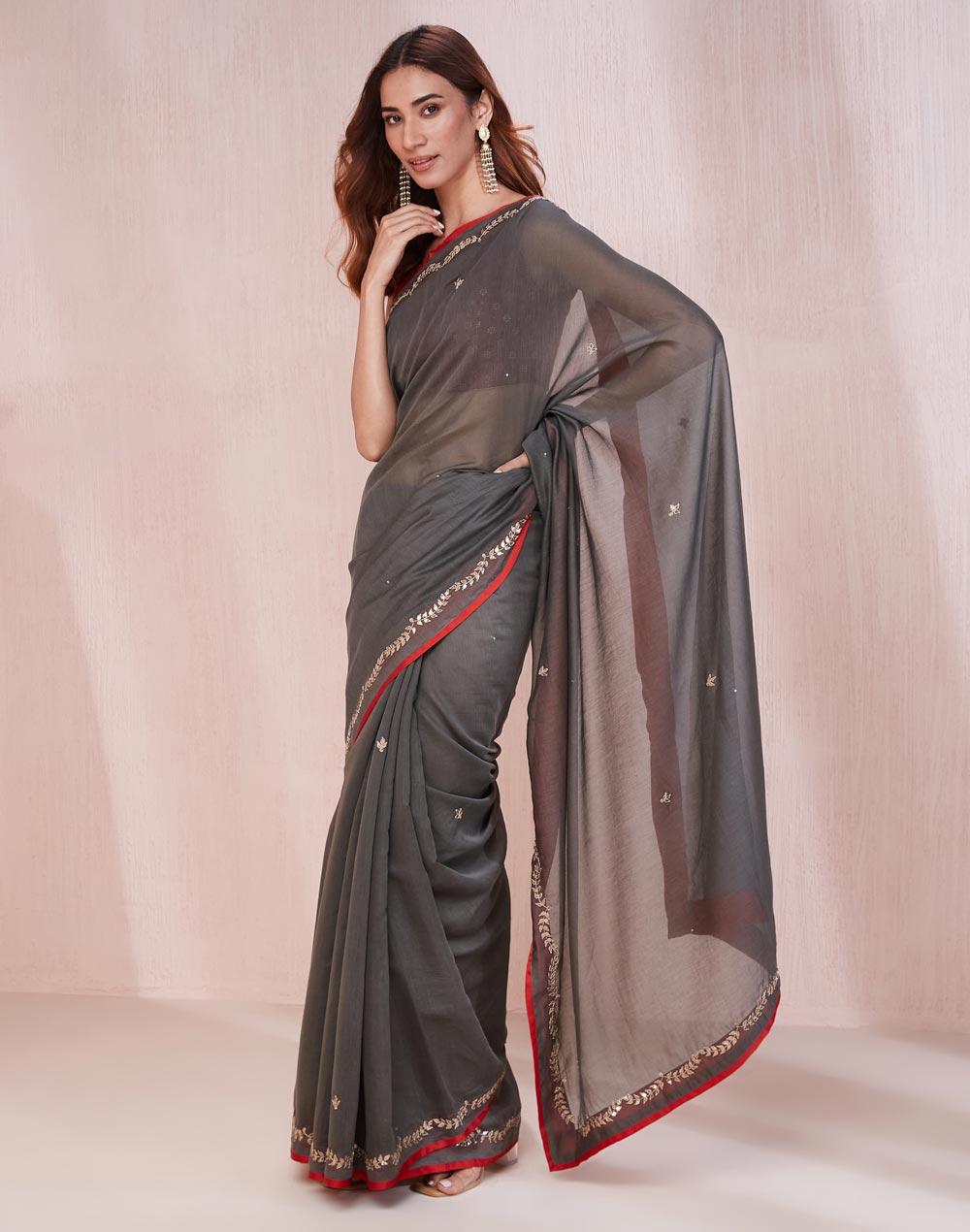 grey cotton silk embroidered sari