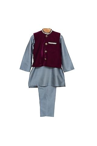 grey cotton silk kurta set with bundi jacket for boys
