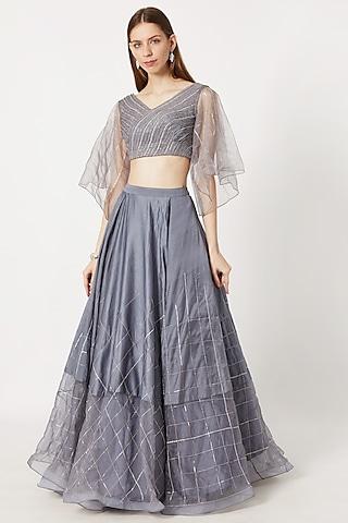 grey embroidered crop top & lehenga skirt