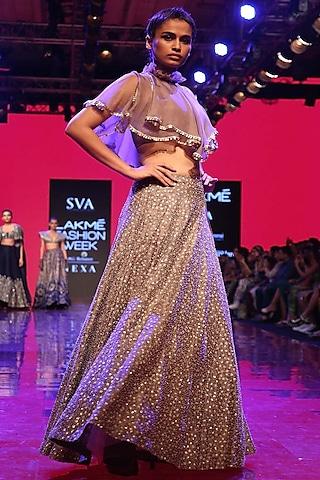 grey embroidered crop top with lehenga skirt