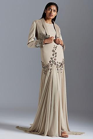 grey embroidered gown with tuxedo jacket