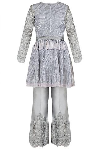 grey embroidered tunic with flared pants
