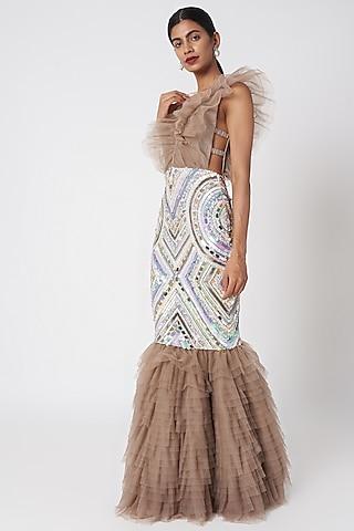 grey fish cut embroidered gown with detachable ruffles