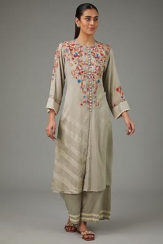 grey glaze cotton thread embroidered kurta set