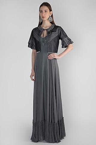 grey gown with embroidered jacket