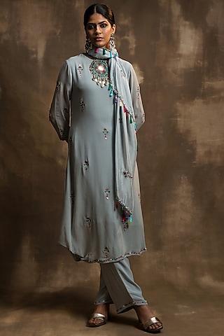 grey hand embroidered draped kurta set