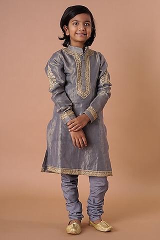 grey hand embroidered kurta set for boys