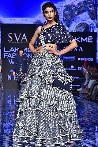 grey handwoven printed lehenga with embroidered blouse