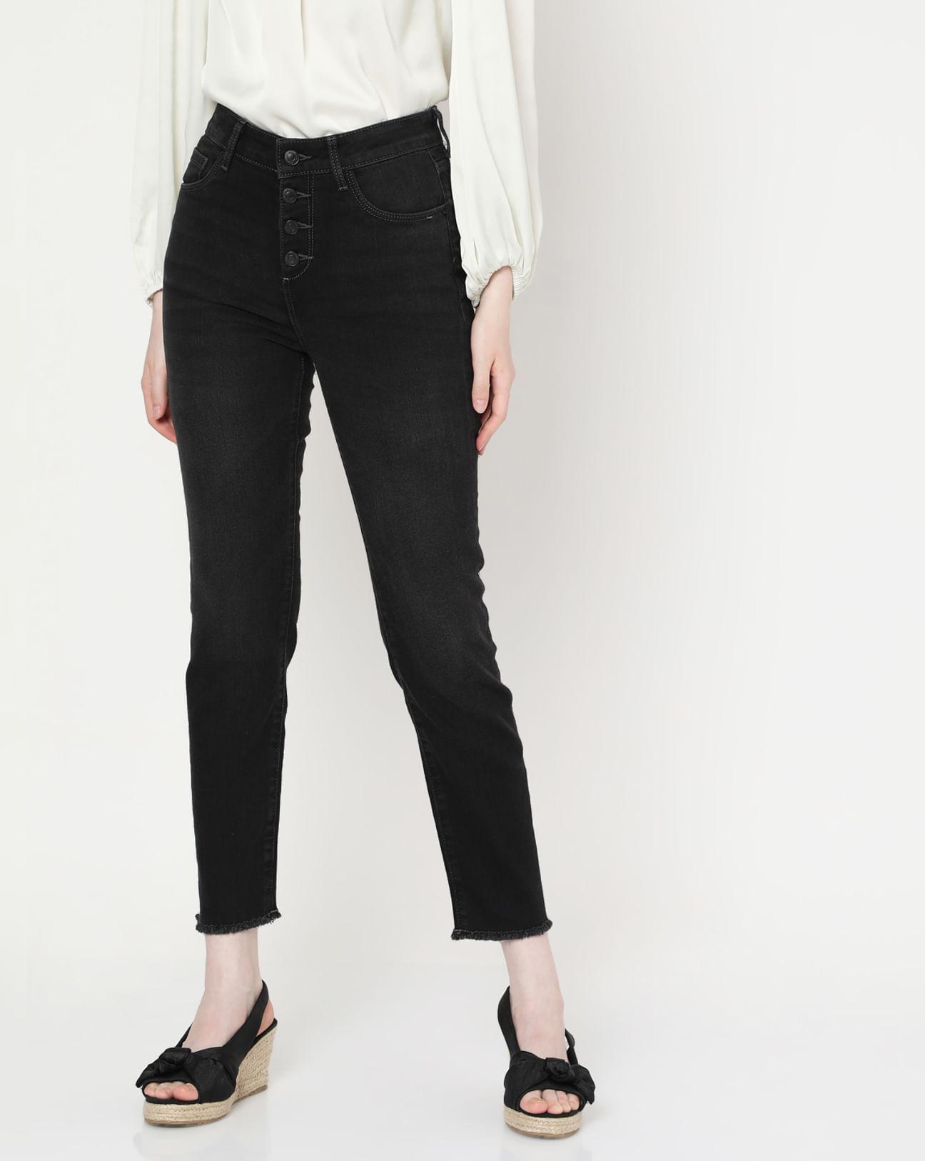 grey high rise buttoned regular fit jeans