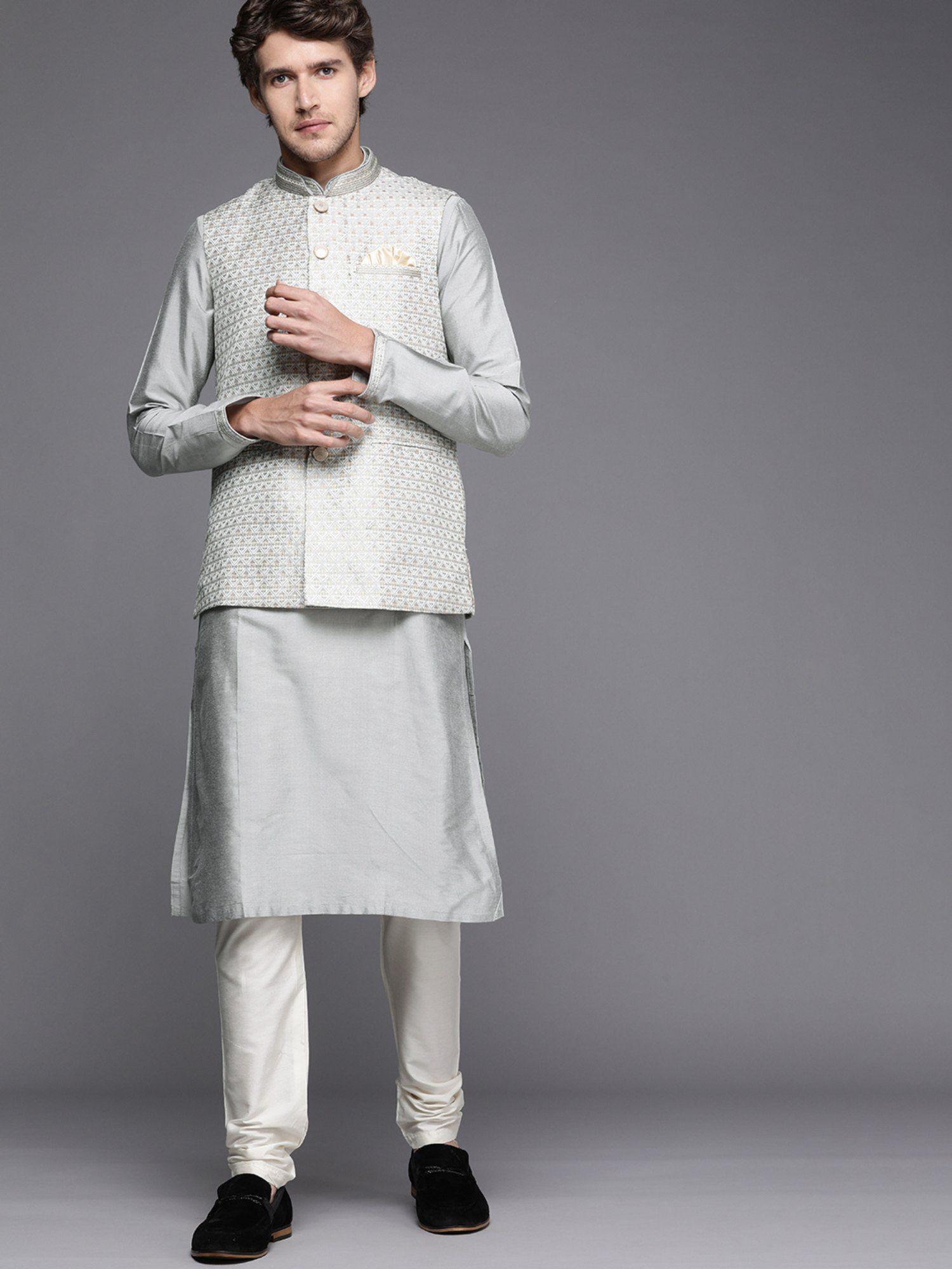grey kurta pyjama with nehru jacket (set of 3)