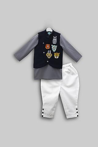 grey kurta set with embroidered nehru jacket for boys