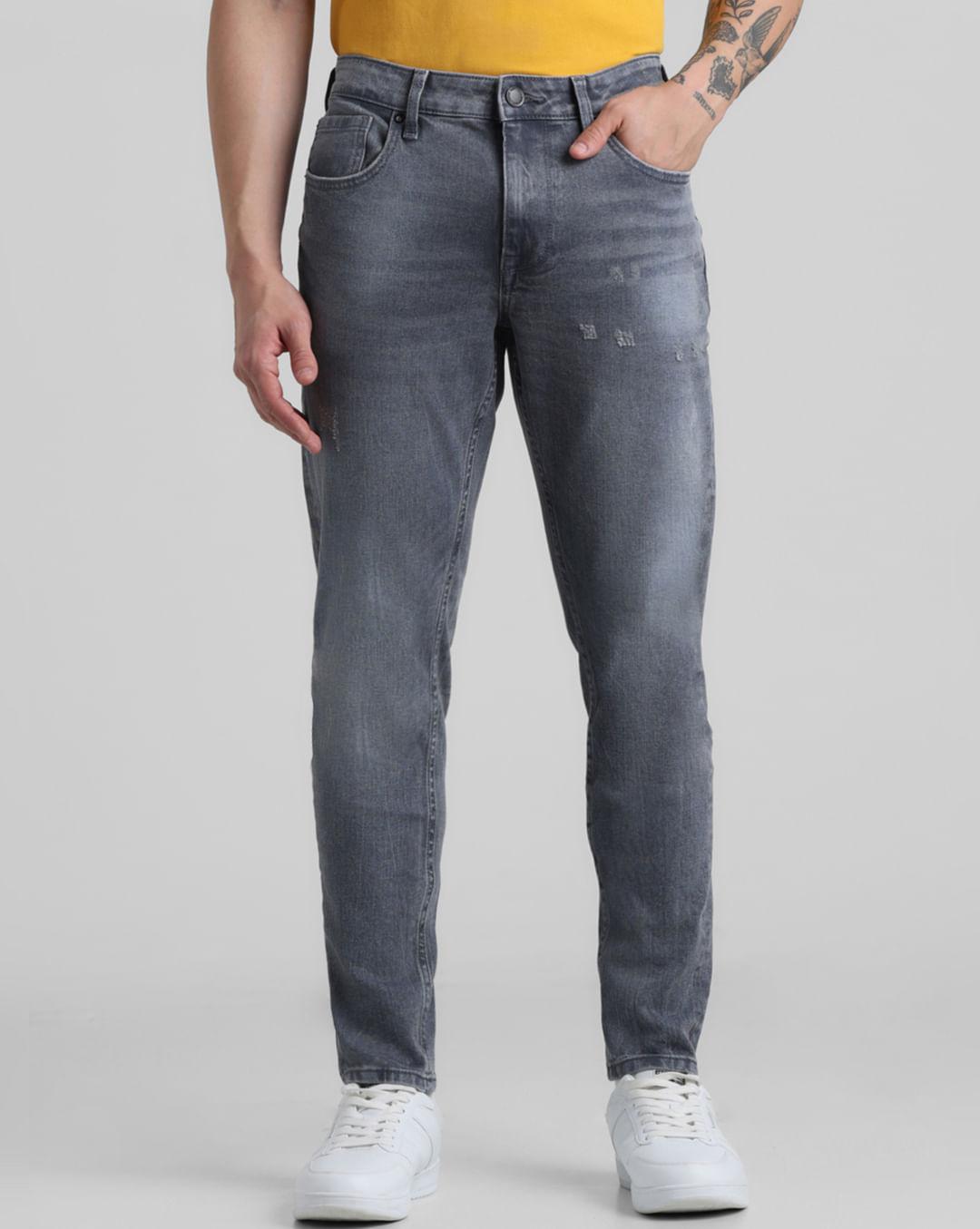 grey low rise distressed slim jeans
