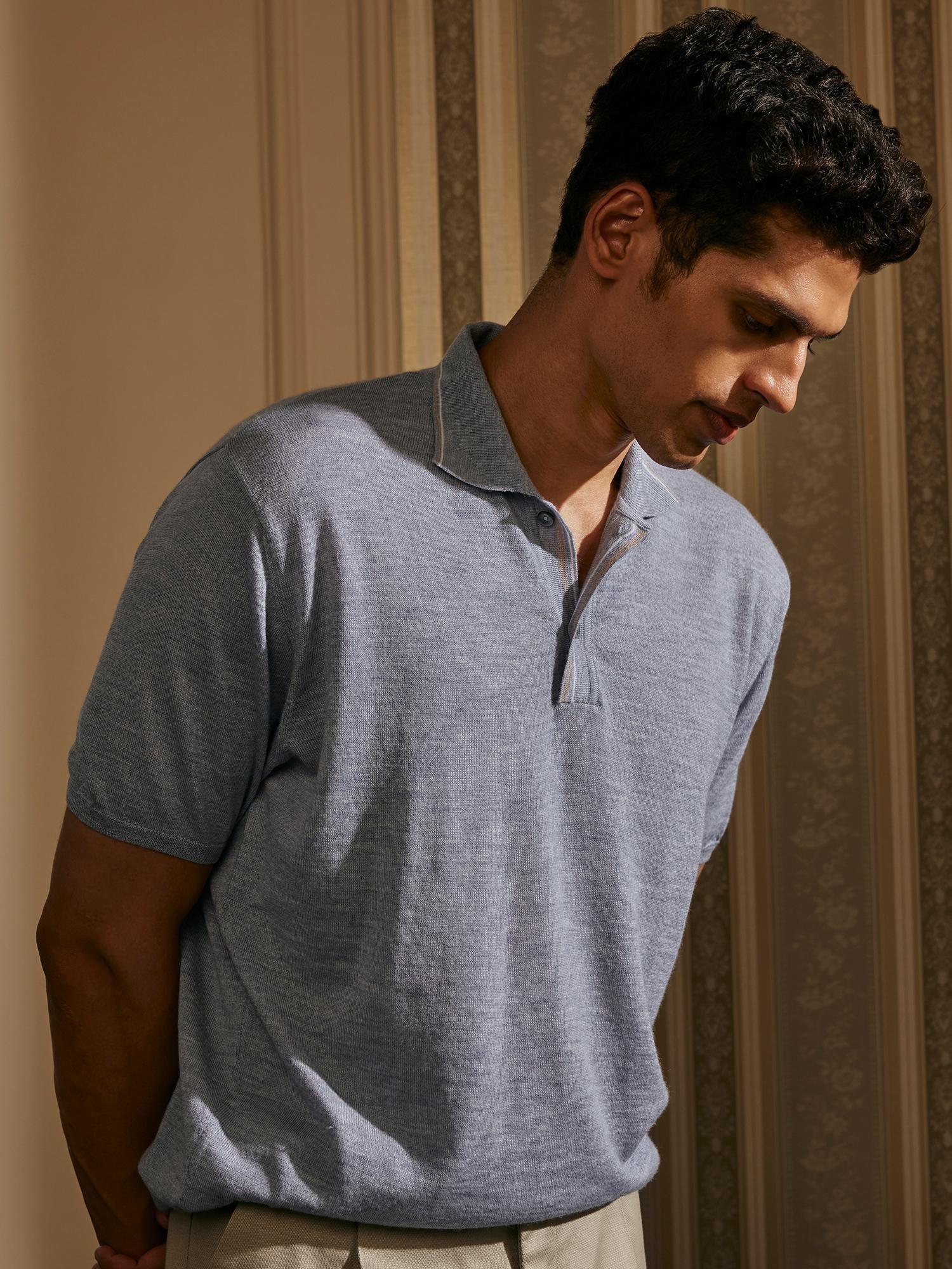 grey men's half sleeve merino wool polo regular fit t-shirt