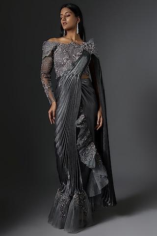 grey metallic & mesh sequin embroidered draped gown saree