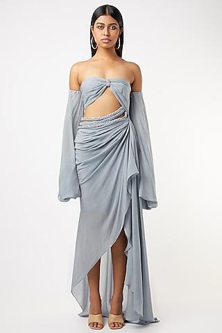 grey off-shoulder draped dress