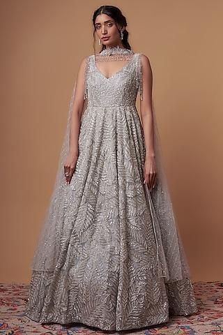 grey-organza-sequins-&-cutdana-embellished-gown-with-dupatta