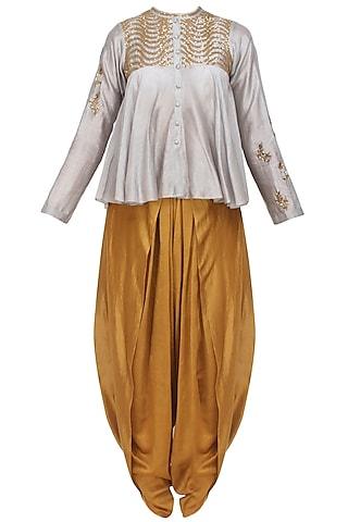 grey-sequins-embroidered-flared-top-and-gold-dhoti-pants-with-golden-scarf