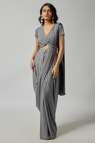 grey shimmer jersey pre-draped saree