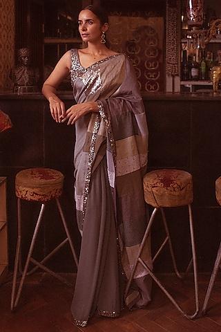 grey silk & chikankari hand embroidered upcycled saree set
