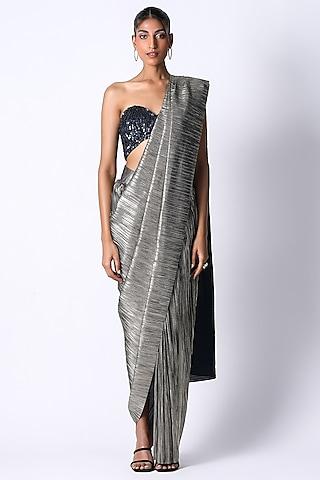 grey silk & pleated metallic saree set