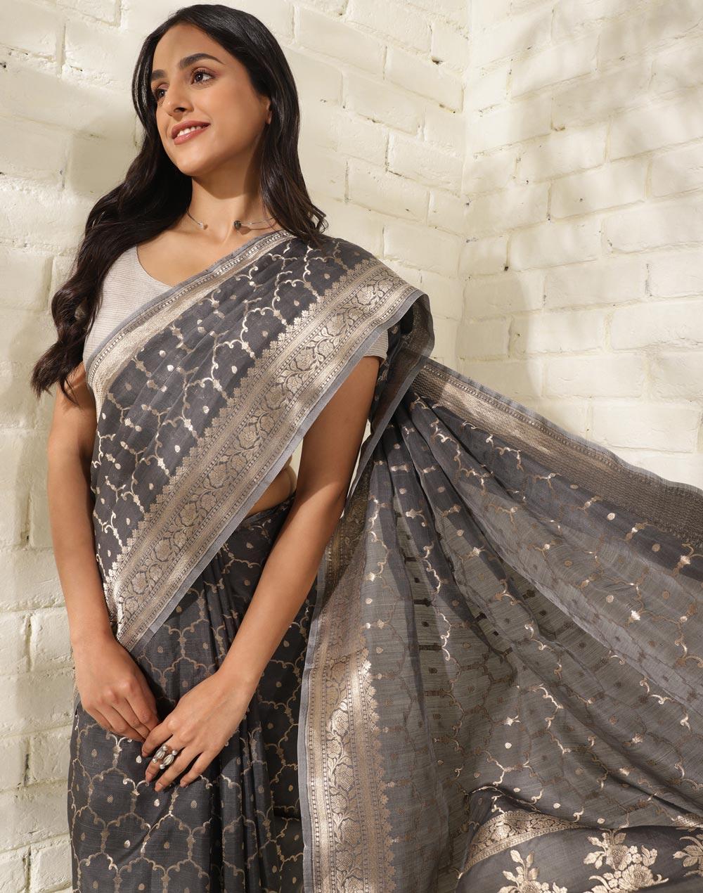 grey silk blend printed sari