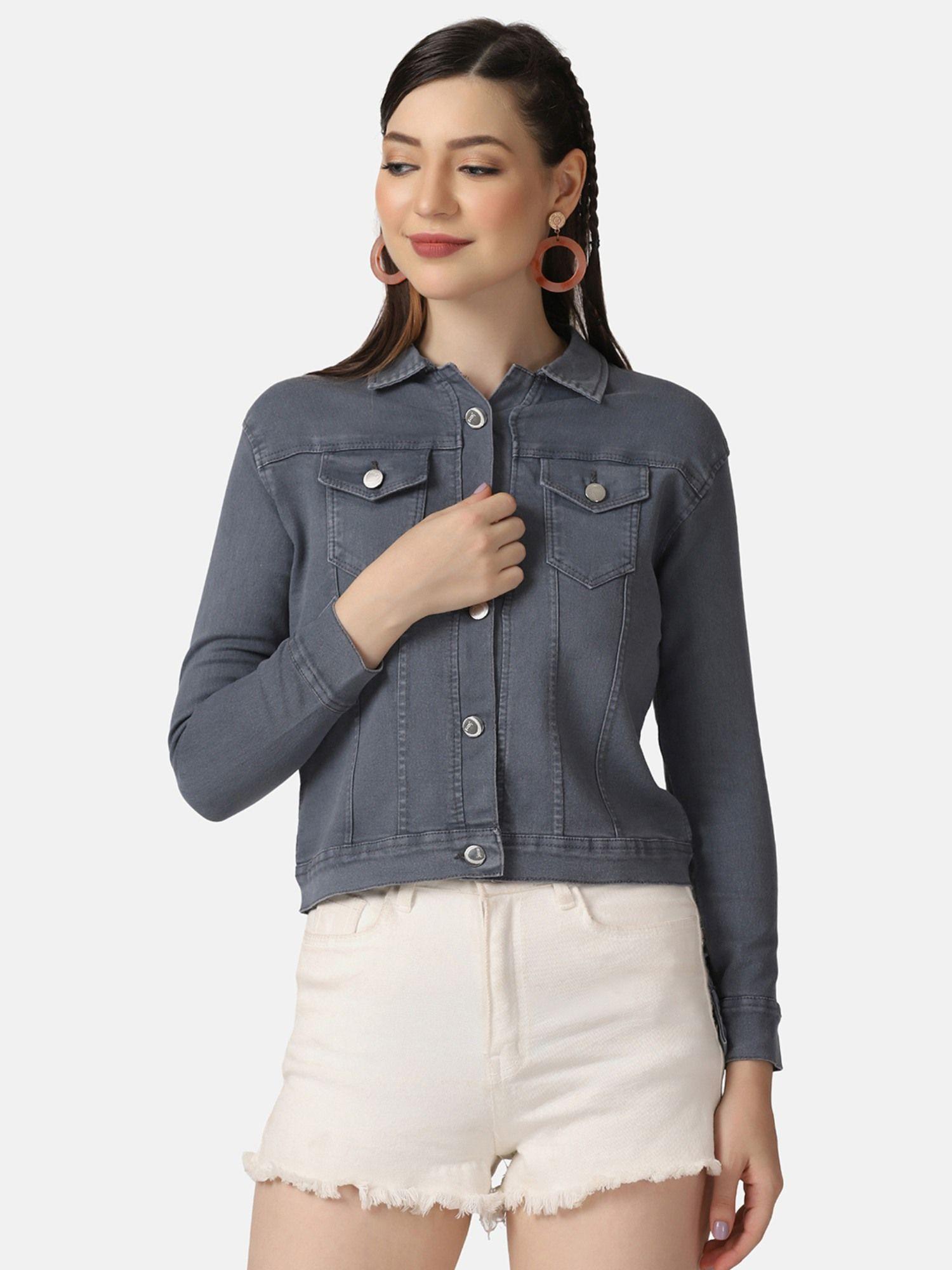 grey solid regular women denim jacket