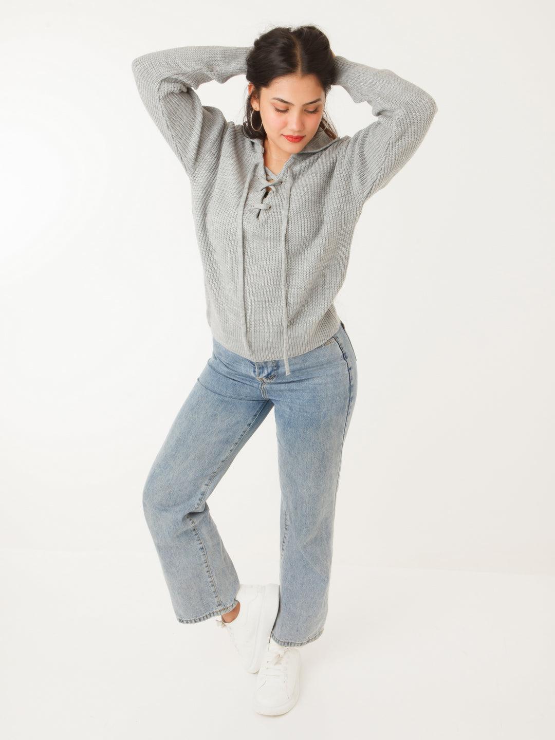 grey solid tie-up sweater for women