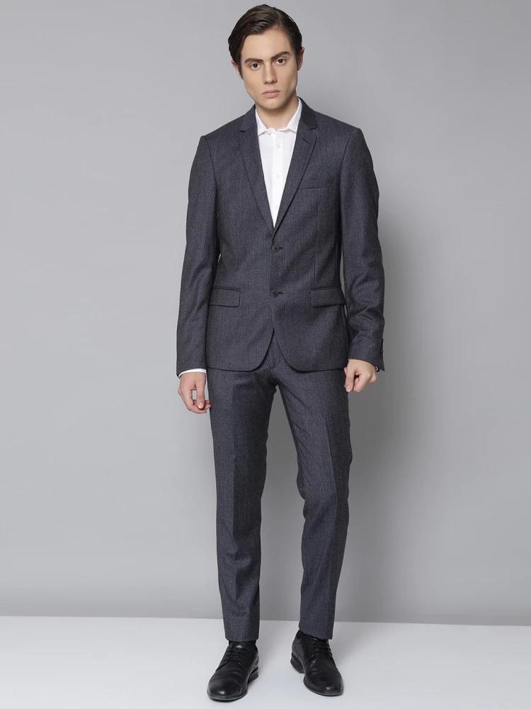 grey solid v neck suit
